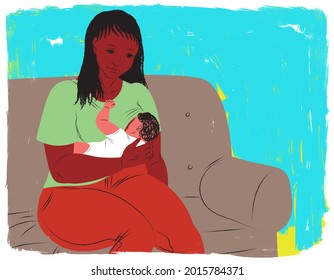 Mother breastfeeding her baby on couch