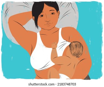 Mother breastfeeding her baby while lying in bed - Powered by Shutterstock