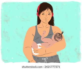 Mother breastfeeding her baby while listening to music - Powered by Shutterstock