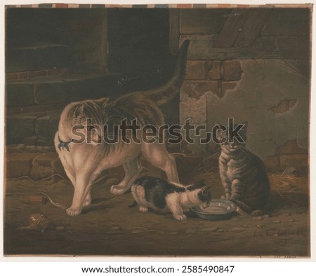 A mother cat with two kittens in a rustic setting. The mother cat watches over the kittens. The kittens explore, one drinking milk. Cats in a cozy, rustic environment. Vintage animal art illustration.