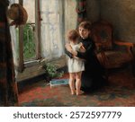 Mother and child, 1886, Helene Schjerfbeck. Vintage mother woman illustration. Vintage woman art drawing illustration, woman lady, beautiful portrait. Old painting art print.