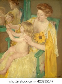 Mother And Child, By Mary Cassatt, 1905, American Painting, Oil On Canvas. Cassatt Created A Complex Composition With Reflections From Mirrors In This Green And Gold Portrait