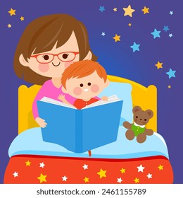 Mother and child read a book together in bed. Mom reads a story book to her little boy at night. - Powered by Shutterstock