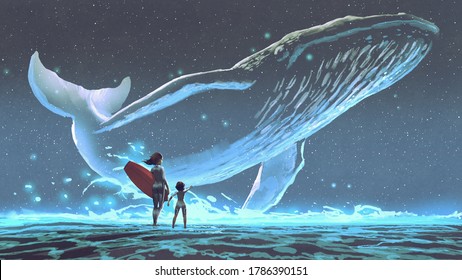 mother and daughter looking at the whale with blue light flying in the night sky, digital art style, illustration painting - Powered by Shutterstock