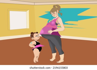 A Mother A Daughter. Pregnant Mother Jealous Girl
