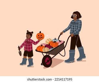 Mother And Daughter Pumpkin Wheelbarrow - Child And Parent Pumpkin Picking Patch - Family Pumpkin Farm Harvest Activity Mom And Little Girl