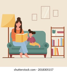 Mother With Daughter, Reading Book Together, Sitting On Sofa. Mom With Child On Chair In Room. Parent With Kid At Home. Family Education, Studying, Learning, Homeschooling.