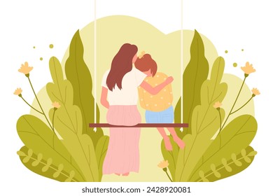 Mother and daughter sitting on swing, rear view illustration. Cartoon adult woman hugging girl among summer flowers, support and love from mom to child. Happy family, Mothers day concept - Powered by Shutterstock