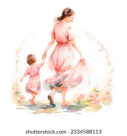 Mother and daughter, watercolor illustration isolated on white background. Mothers Day card design. - Powered by Shutterstock