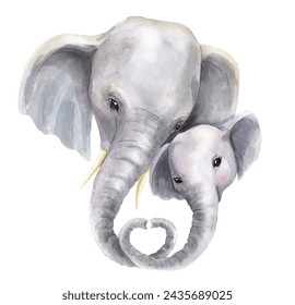 Mother elephant and baby elephant weave heart-shaped
 trunks together. Isolated on white background. Cute watercolor illustration - Powered by Shutterstock