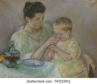 Mother Feeding Child, by Mary Cassatt, 1898, Impressionist pastel painting, on paper. This is an unsentimental depiction of daily life