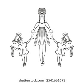 Mother holding hands with twin daughters in dresses with bows and glasses, each holding ballet shoes. Black and white minimalist illustration highlighting family and childhood connection. - Powered by Shutterstock