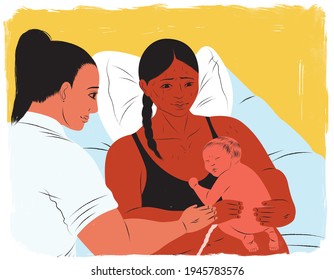 Mother holding newborn baby while doula stands nearby