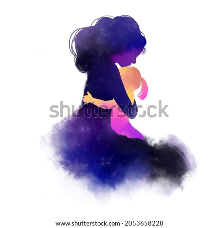 Mother hugging her little girl silhouette plus abstract watercolor painted. Happy mother's day. Digital art painting.
