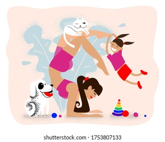 お母さん落ち着いて 母は子どもとペットと一緒に静かに家でヨガの練習をする 子供はお母さんが瞑想している間遊んでいる 平らでかわいいベクターイラスト 自宅でサソリアサナの若い母親 のベクター画像素材 ロイヤリティフリー Shutterstock