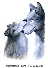 Mother Love. Mom Wolf And Little Wolf Hugs, Watercolor Illustration, Cartoon Animals