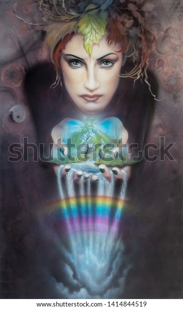 Mother Nature, Earth Goddess, holds nature in her\
hands and urges for more environmental protection against climate\
change and global\
warming