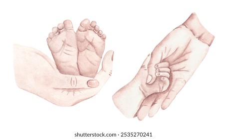 Mother and Newborn Baby Hands and Feet. Happy Motherhood and Family concept. Hand drawn Watercolor illustration for Mother's day isolated on a white background. For Baby shower and Gender Party Cards - Powered by Shutterstock