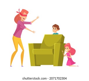 Mother Playing With Kids. Happy Family Time, Peekaboo Game. Mom Finding Children Illustration