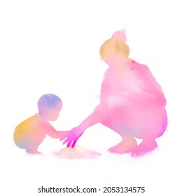 Mother playing with little baby on the beach silhouette plus abstract watercolor painted. Happy mother's day. Digital art painting. - Powered by Shutterstock