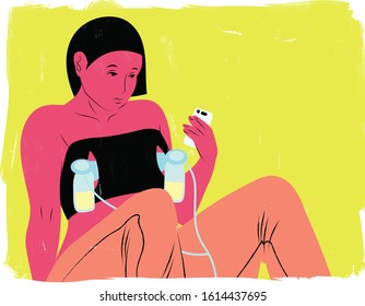 Mother pumping breastmilk with a hands-free pump illustration