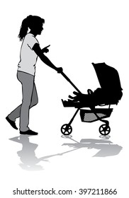 Mother rolls the baby in the stroller for a walk 