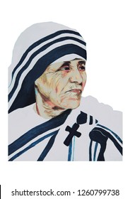 Mother Teresa Portrait Illustration Acrylic Color Painting On Canvas