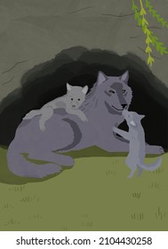 Mother Wolf With Baby Wolves In The Wood In A Cave