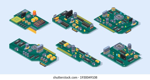 Motherboard Isometric. Computer Manufacturing Small Chip Microscheme Plate Semiconductor Electronic Parts Set