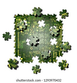 Motherboard PCB Design Layout Puzzle With Green Mask On White Background. 3D Illustration.