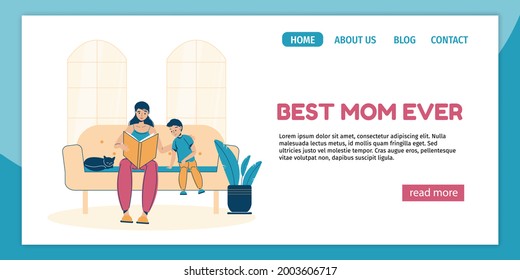 Motherhood Or Family Activity Landing Page Design. Loving Mother Reading Fairytale Book To Adorable Son In Evening Sitting On Sofa At Home Living Room. Daily Life Schedule, Everyday Routine. Best Mom