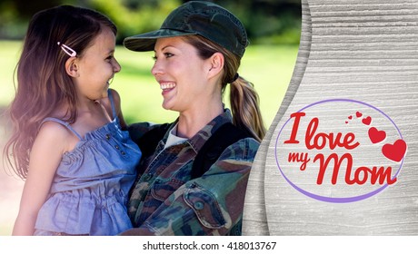 mothers day greeting against a soldier mother hugging her daughter - Powered by Shutterstock