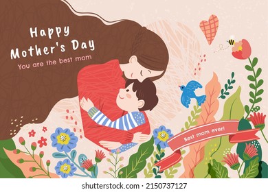 Mother's Day illustration in warm hand drawn style. Woman is hugging her son among colorful abundant flowers. - Powered by Shutterstock