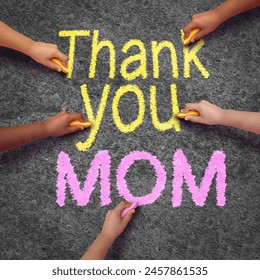 Mothers day Thank you message in chalk writing on street pavement as a celebration for moms and mommy love as a parenting appreciation in a 3D illustration style. - Powered by Shutterstock