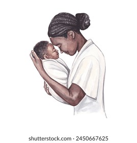 Mother's Day. Watercolor illustration of african-american mother and baby on the white background - Powered by Shutterstock