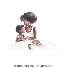 Mother's Day. Watercolor illustration of african-american mother and black son. Hand-made drawing on a white background - Powered by Shutterstock