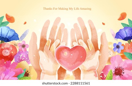 Mother's day watercolor illustration. Mom holding child's hand with a heart in the palms on light yellow background with floral. - Powered by Shutterstock