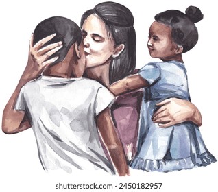 Mother's Day. Watercolor illustration of a white mother and black kids on the white background - Powered by Shutterstock