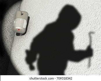 Motion Detector and shadow of a robber in a garden scenario, 3D Illustration