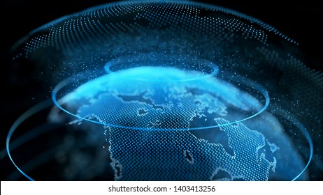 Motion Earth Digital Globe Transparent Surface. Planet Rotation Smaller Object Inside World Map Future Scientific Technology. Business Concept Universe Exploration Concept 3D Rendering Animation