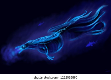 Motion Glowing Underwater Dragon With Sharks Are Deep Blue Sea