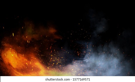 Motion Orange And Blue Smoke With Fire Particles Embers. Stock Illustration. Fog Texture On Isolated Black Background.