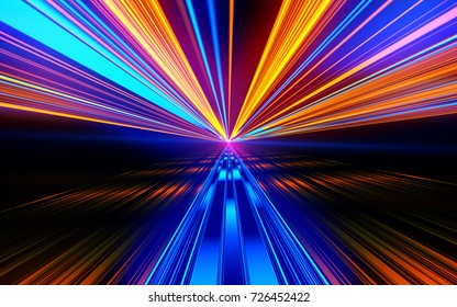 Motion Speed Lights. Speed Motion On The Neon Glowing Road At Dark. Speed Motion On The Road. Colored Light Streaks Acceleration. Abstract Illustration. Orange And Blue Motion Streaks. Space Gates.
