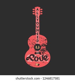 Motivated famous Music Quote Love is all you need. Acoustic Guitar silhouette. Template for holiday poster, flyer. Idea for design Valentine day party. Wedding event background. Playful Illustration - Powered by Shutterstock