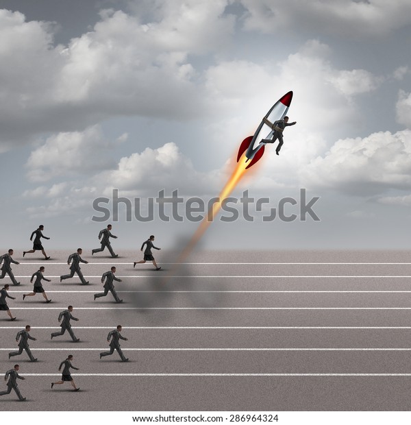 Motivation concept and career boost as a group\
of business people running on a track with a businessman on a\
rocket ship breaking away from the competition as a success\
metaphor for a game\
changer.