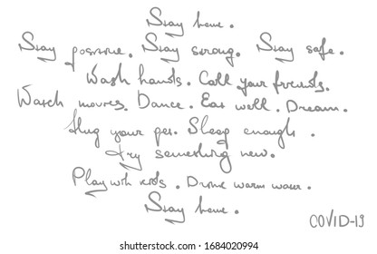 Motivation Hand Written Self-isolation Instructions Because Of Covid-19 (coronavirus) / Stay Home, Stay Strong, Wash Hands, Hug Your Pet, Dream, Dance Sleep, Drink Water, Stay Safe, Try Something New