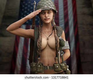 Naked Soldier Girl Saluting