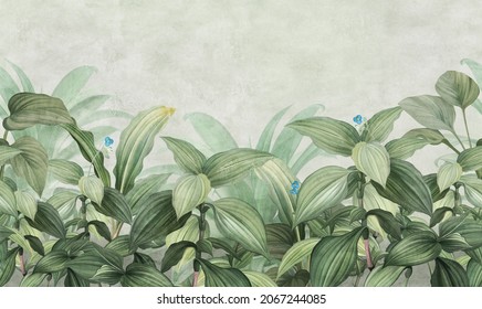 Motley grass. Tropical plants in the style of frescoes. Seamless pattern for interior printing.