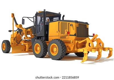 Motor Grader Heavy Construction Machinery 3D Rendering On White Background