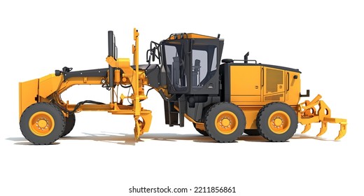 Motor Grader Heavy Construction Machinery 3D Rendering On White Background